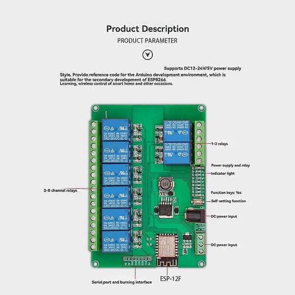 8-kanals relæmodul DC12-24/5V strømforsyning indbygget ESP-12F WiFi-modul til ESP8266 sekundær udvikling
