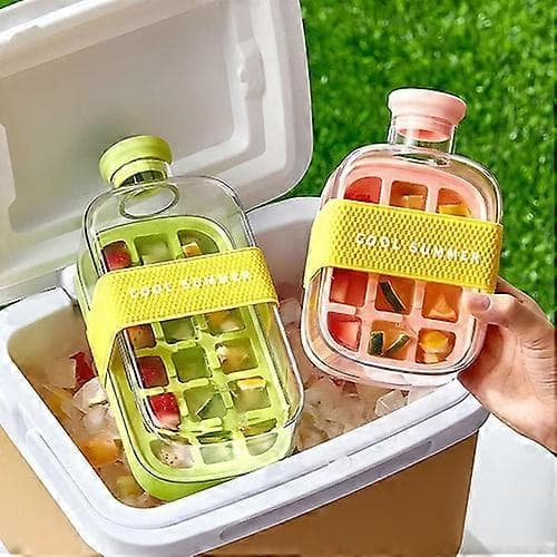 Bärbar 2-i-1 isbitsflaska med sugrör, en-trycks isbitsform vattenflaska med lock, 800 ml push-typ isbitsflaska Green
