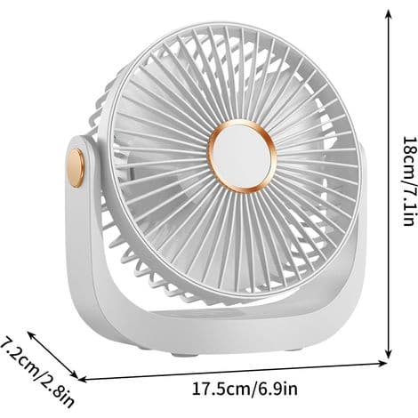 5-trinns USB-bordvifte + nattlys. Stillegående, oppladbart batteri, avtakbare blader.
