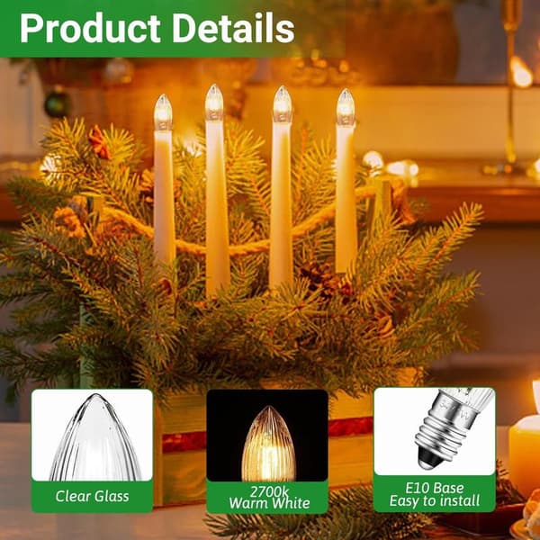 E10 34V 3W Candle Bulbs, 7-Pack; Replacement Bulbs, 30 Lumens Warm White Light 2700K, 10-Pack.