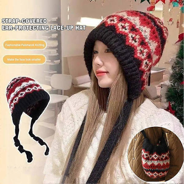 Stickad Mössa Dam Retro Vinter Balaclava Mössa Khaki