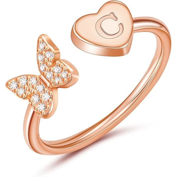 Initial Ring for Women Gold Letter Ring Silver Initial Rings Adjustable Rose Gold Rings Butterfly Heart Initial Stackable Rings