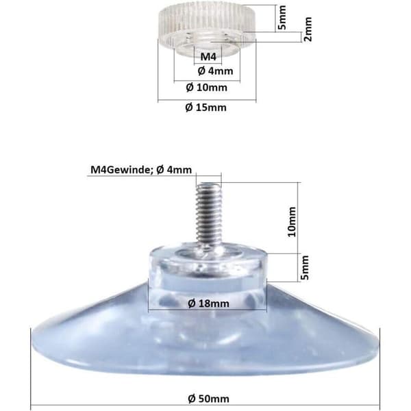 8 suction cups Ø 50 mm with M4x10 mm thread with knurled nuts, transparent