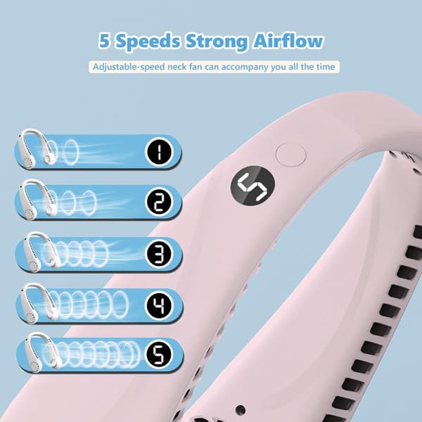 5-trins USB Genopladelig Bærbar Halsventilator, Mini Bladløs Håndfri Ventilator, 360° Luftstrøm