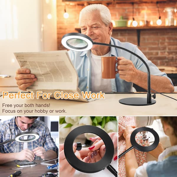 Magnifying Glass with Light and Stand, 2-i-1 Flexible Gooseneck Desk Lamp with Clamp, 3 Color Modes, Stepless Dimmable Illuminated Magnifier