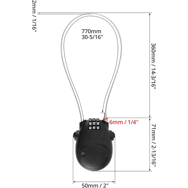 3-cifret kombinationsslås, kabellås, sikkerhedskode-lås, 77 cm indtrækkelig kabel til bagage, cykel, ski, snowboard