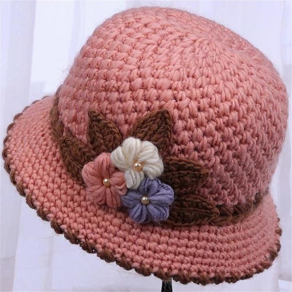 Vinter Dame Blomster Strikket Ullhatt Ørebeskyttelse Ullhatt For Eldre Strikket Hatt StretchFit PK