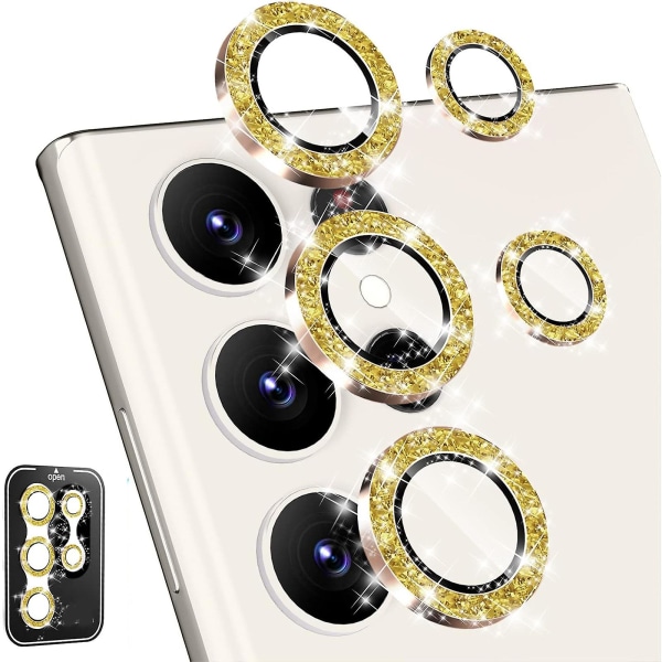 Til Samsung Galaxy S24 Ultra kameralinsebeskytter, 9h hærdet glas kameracover glitter metal individuel ring HD kamera linsefilm gold