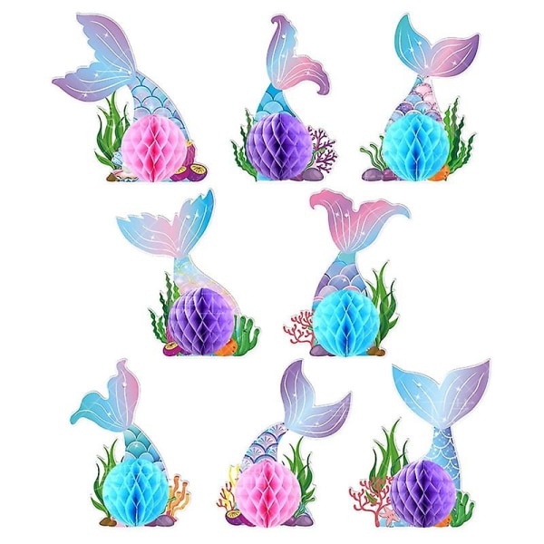 8 st sjöjungfru mittpunkt för bord, sjöjungfru honeycomb mittpunkt, under havets festdekorationstillbehör för sjöjungfrutema födelsedagsfest 8pcs