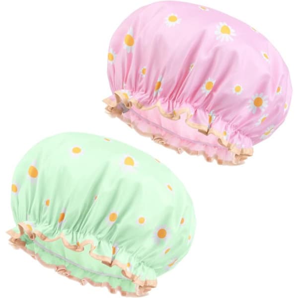 Duschmössa för kvinnor, 2-pack återanvändbara duschmössor, dubbla lager elastisk badmössa, vattentät prickig hårmössa för resor (rosa+grön)