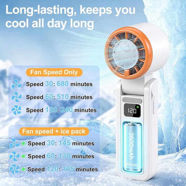 Bærbar ventilator, sammenklappelig ventilator, bærbar ventilator med kølefunktion, hvid