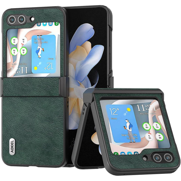 For Samsung Galaxy Z Flip 5-deksel, robust beskyttelsesdeksel Z Flip 5 Full-deksel Hengselbeskyttelse Slank telefonveske Pu-lær støtfangerveske green