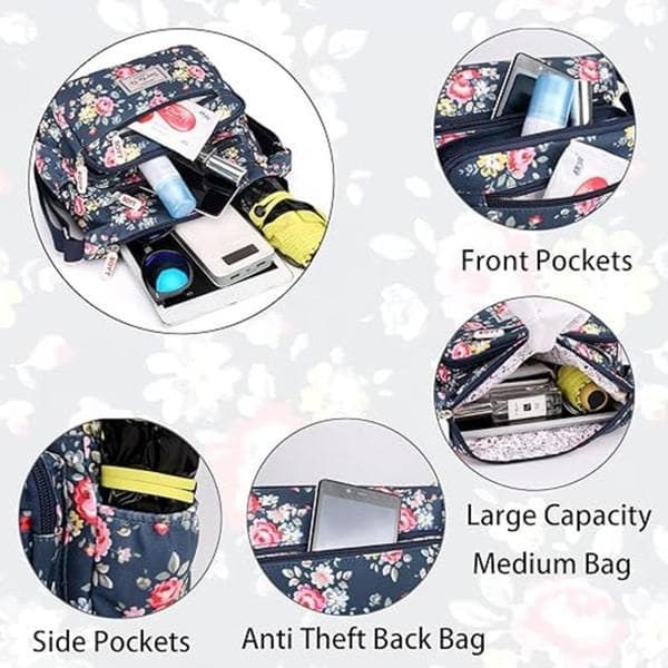 Flerfack Casual Crossbody Handväskor för Kvinnor Vattentäta Axelväskor i Nylon (Blommig-Marinblå)