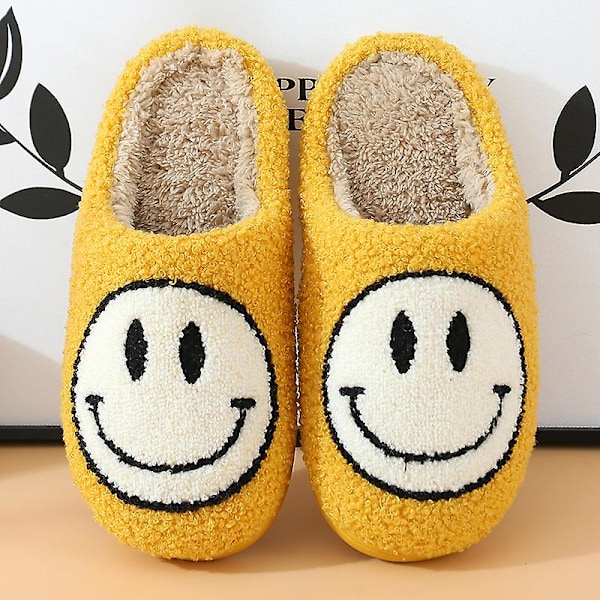 Smiley Hairy Couple Bomulds Slippers Sød Tyk Bund Tegneserie Anti-slip Kvindelige Modeller Pakke Hæl Slippers yellow 39-40