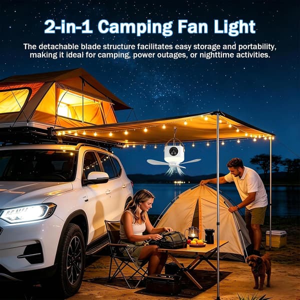 Bærbar campingventilator med LED-lys; 7200 mAh USB genopladelig loftventilator