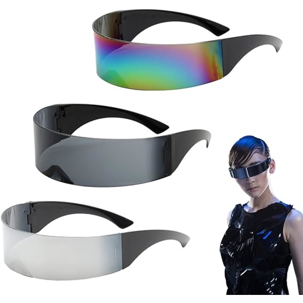 3 par futuristiske solbriller Morsomme festbriller med speil Slim Space Alien-briller til Halloween (grå, sølv, fargerik)
