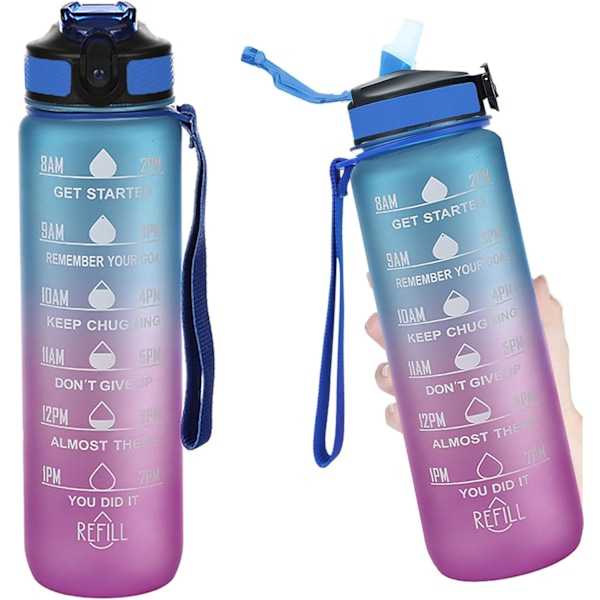 Water Bottle with Straw, 1L Drinks Bottle with Time Markings - Sports Water Bottle Leakproof with Lock Cover Hiking, Fitness, Yoga BPA Free