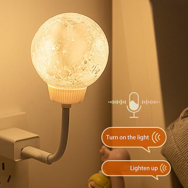 Måneformet intelligent stemmelampe med USB-plugg, roterbar nattlampe for studierom White