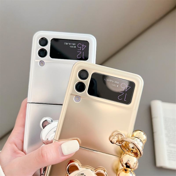 Pinnoitettu 3d Glitter Bear case, joka on yhteensopiva Samsung Galaxy Z Flip 4 Z Flip 3:n kanssa rannekorun cover Gold Z Flip 3
