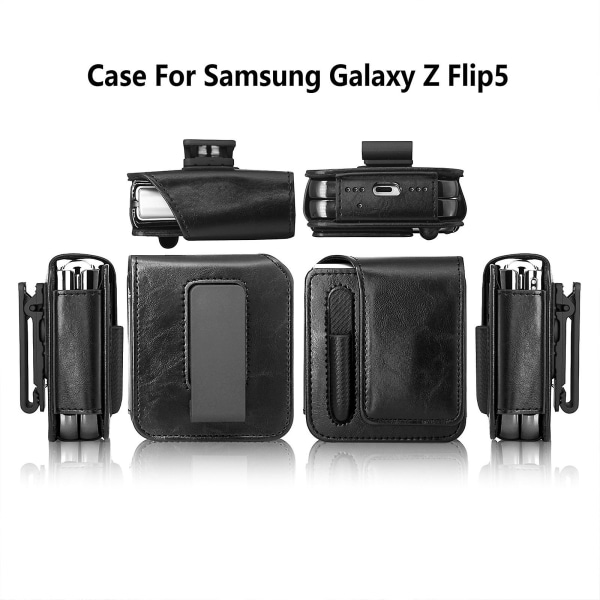 Etui til Samsung Galaxy Z Flip 5 med bælteclips, Z Flip 5 etui med skærmbeskytter, læder bælteclips telefonhylster black