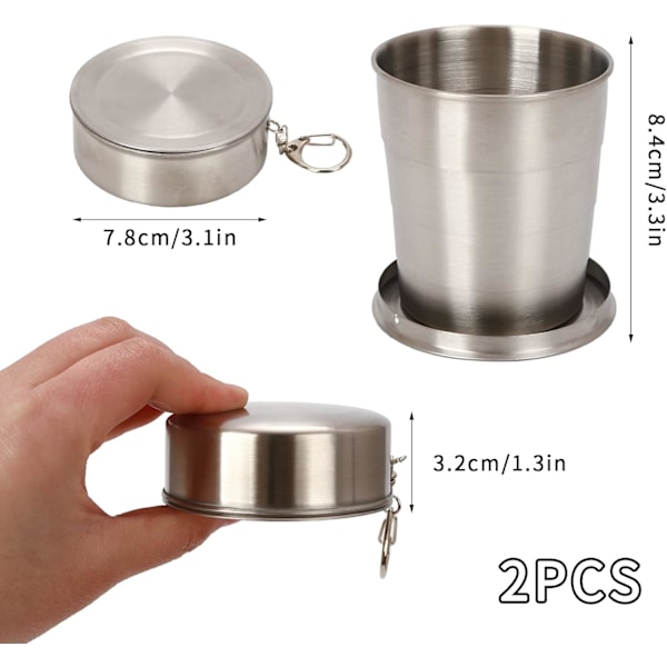 2 st rostfria hopfällbara muggar för utomhusbruk, hopfällbar mugg i rostfritt stål, lätt 250 ml, hopfällbar mugg i metall