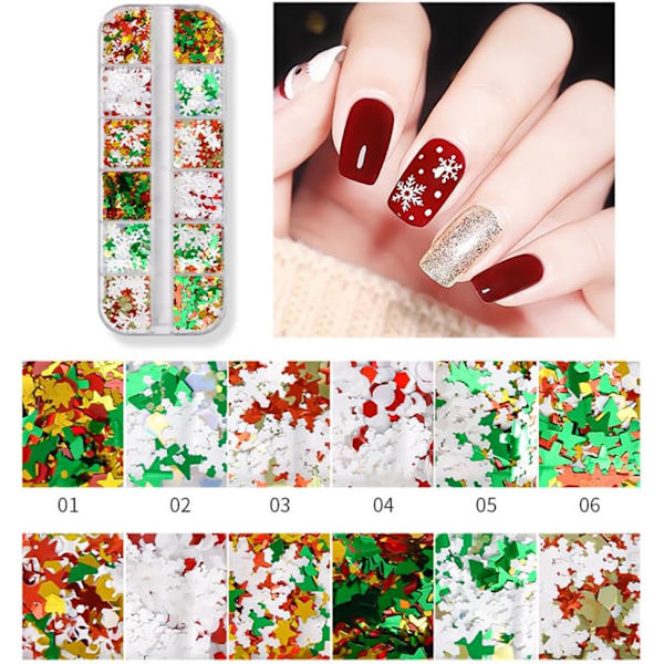 12 rutnät jul snöflingor nagelkonst glitter nagelpaljetter, jul glittrande snöflinga glitter nagelflinga jul nagelkonfetti paljett för