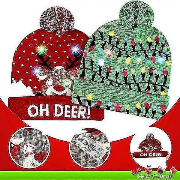 2-pack Julhatt med LED-ljus, Varm Vintermössa, LED Julstickad Mössa Dekorativa Horn Stickad Mössa Vintermössa Varm Mössa A
