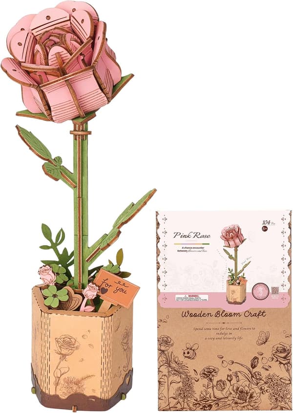Dekorativt træpuslespil med kunstig blomst, 3D træ (lyserød rose)