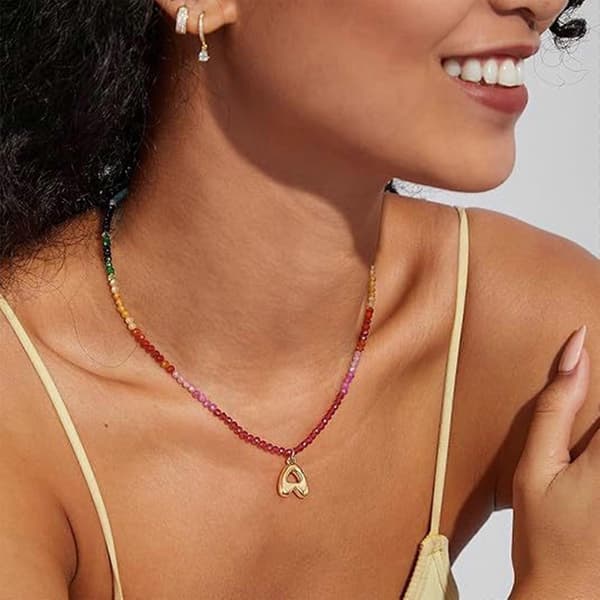 Farverig Gradient Perle Initial Halskæde Håndlavet Med Krystalsten 14K Guldkæde Tilbehør til Casual Outfits X