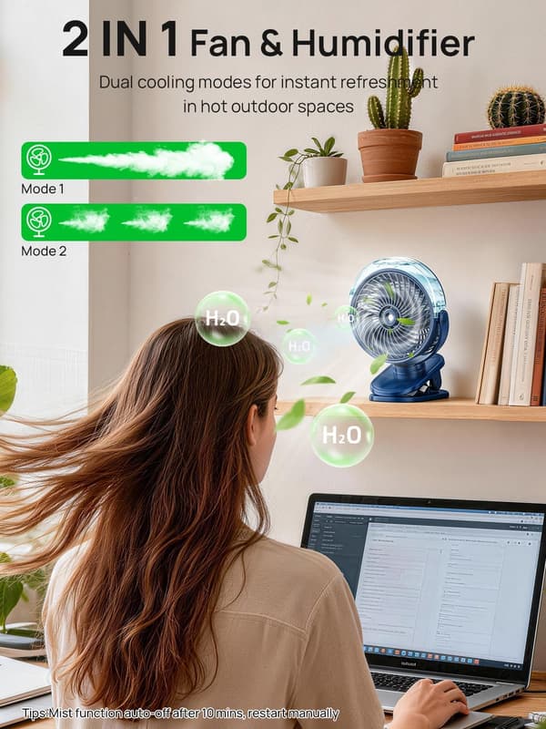 Clip-on ventilator med forstøverfunktion, lille bærbar USB genopladelig ventilator