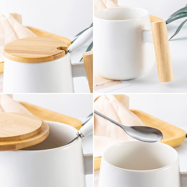 Keramisk kaffemugg Kaffe Te Kopp Mjölkkopp med lock och sked, Drickkoppar för män, kvinnor, Thanksgiving, jul, födelsedag (vit)