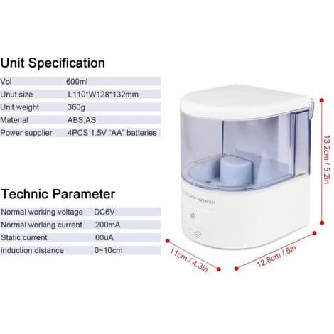Sæbedispenser - IR-sensor - 600 ml - Automatisk - Infrarød - Berøringsfri