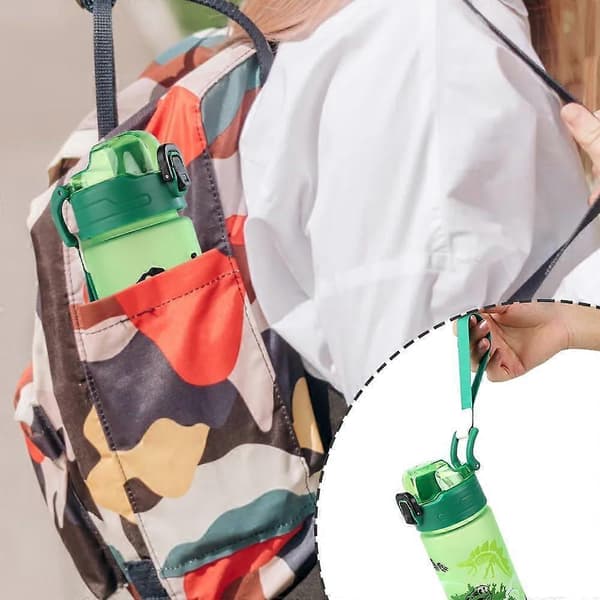 Vattenflaskor för barn, 700 ml söt dricksflaska med snodd för pojkar flickor Green Dinosaur