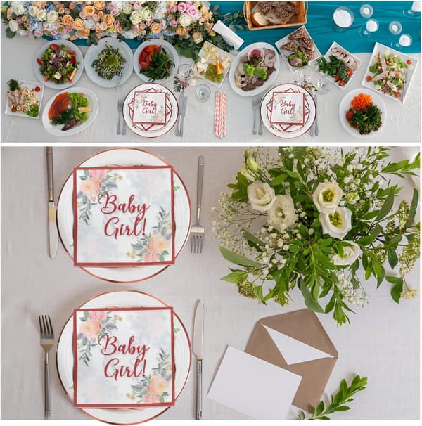 Sett med dekorerte tallerkener til babyshower (120 deler)