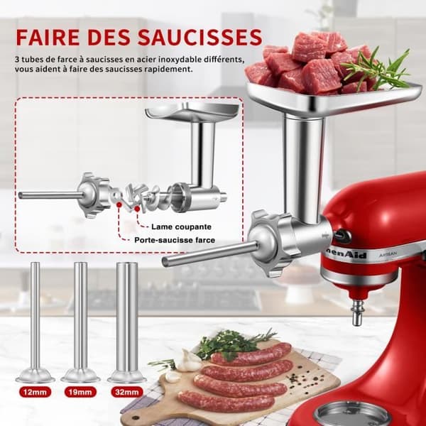 Kødmaskinetilbehør til KitchenAid-mixer, 3 rør og pølsefyldholdere, 4 skiver, 2 knive, hamburgerpresse
