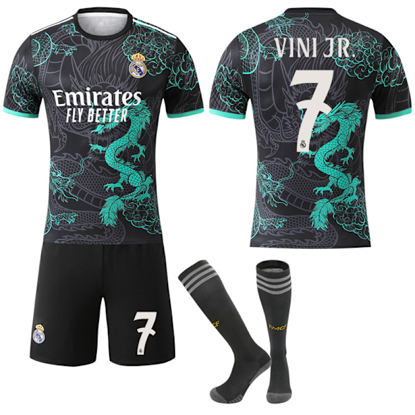 25-26 Real Madrid CF Svart Grön Färg Specialutgåva NO.7 VINI JR. Tröjor Set Barn Vuxen Fotbollsutrustning med Strumpor NO.7 NO.7 22