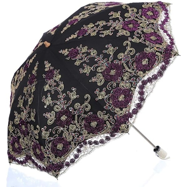 Hopfällbart UV-parasoll Snö/Regn/Solparasoll Broderi Bröllopsparaply Black