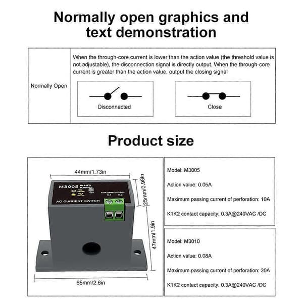 M3005 Miniatur Strømsensor til Normalt Åben Afbryder Amp Sensor Overvågningsrelæ 0.05-10A Detekterbar Transformer