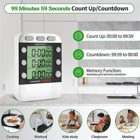 3-kanals timer med nedräkning/snabbspolning framåt, trippel koktimer, display, högljutt larm