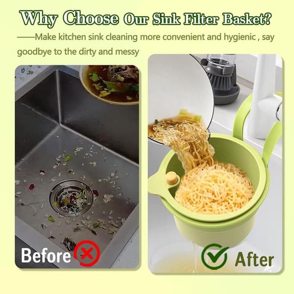 Self-Cleaning Sink Strainer Basket - Hanging Kitchen Drain Strainer, Multifunctional Dish and Fruit Colander, Green