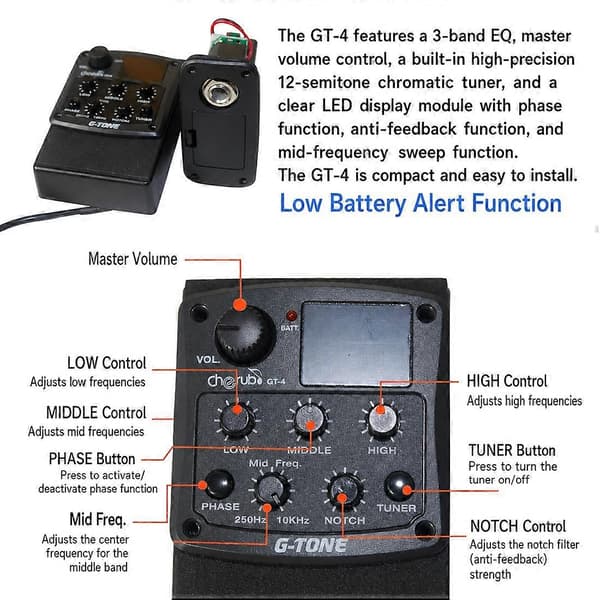 Cherub G-Tone GT-6 Akustisk Gitarr Förförstärkare Piezo Pickup 3-Bands EQ Equalizer LCD Stämapparat Reverb Delay Chorus Wide Effekter 6.35mm Noir