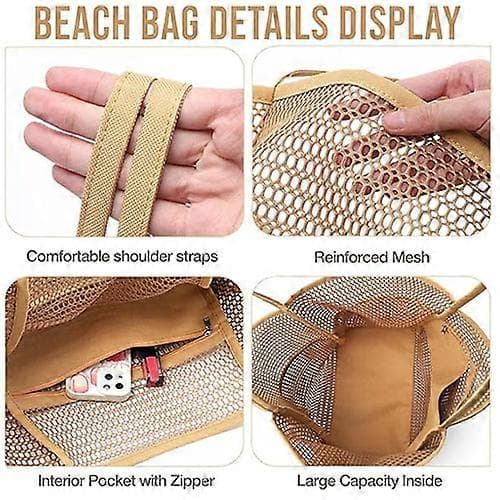 Mesh strandtaske med lynlåslomme, stor mesh mulepose til kvinder, afslappet skuldertaske til sommer Khaki
