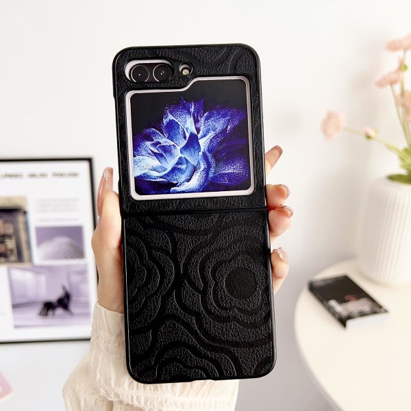 Z Flip 5 Case, Pu Läder Emboss Flowers Stötsäkert Case För Samsung Galaxy Z Flip 5 Black