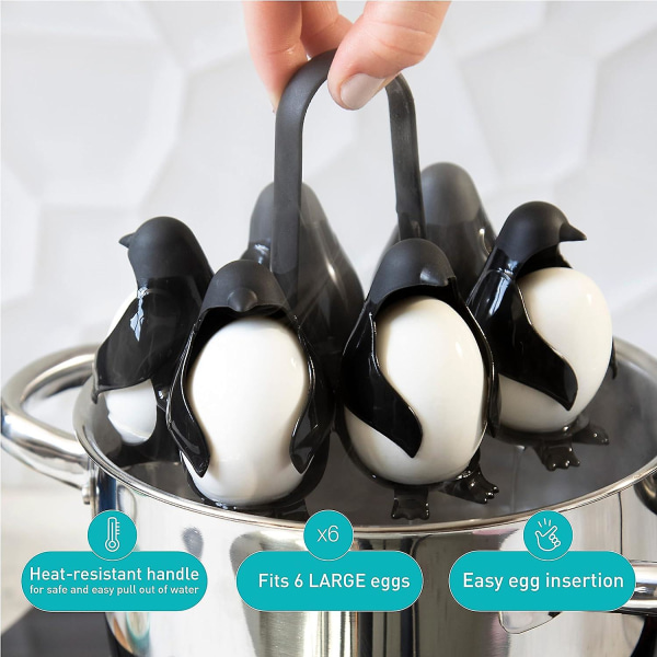 3-in-1 ruoanlaitto, säilytys ja tarjoilu munateline, pingviinin muotoinen munakattila pehmeille tai koville keitetyille munille, mahtuu 6 munaa helppoa ruoanlaittoa varten ja jääkaappiin