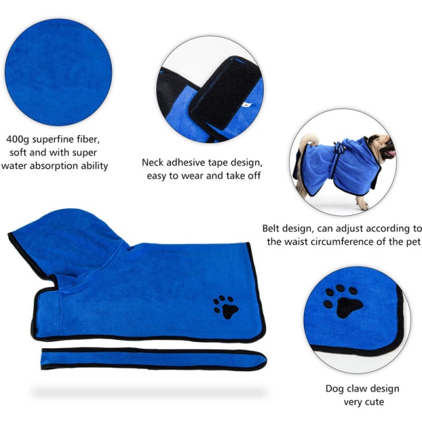 Hundebadekåbe Hundebadehåndklæde med hættebælte Soft Super Water Absorption, model: blå-S