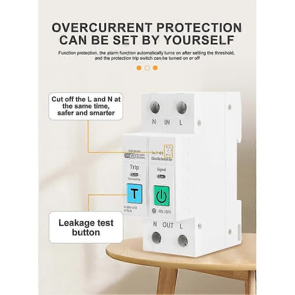 WIFI Smart Switch 63A 2P til energimåler afbryder spændingsstrøm lækage temperatur beskyttelse afbryd L+N White