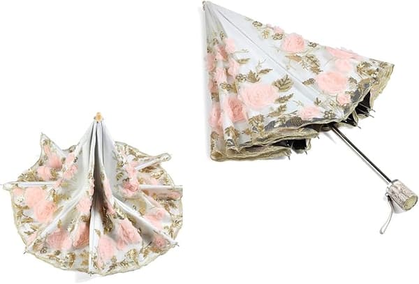 Sammenfoldelig paraply til kvinder, broderede blonder, regnparaply