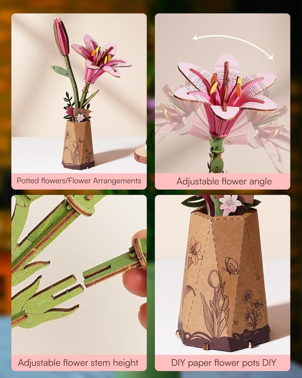 3D träpussel med blommor, trämodell att montera för vuxna (rosa lilja)