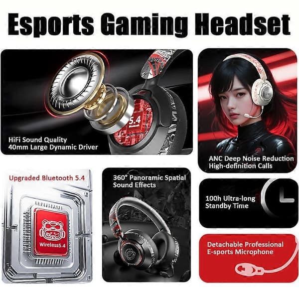 Bluetooth-hörlurar med mikrofon, trådlösa over-ear-hörlurar i graffitistil, trådlöst gamingheadset White