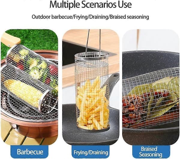 2 stk. rullende grillkurv til grill, rund rustfrit stål, bærbar udendørs campinggrill
